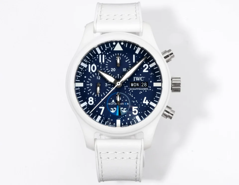 IWC White Ceramic Pilot Chronograph Blue Dial White Strap Ultimate 44MM
