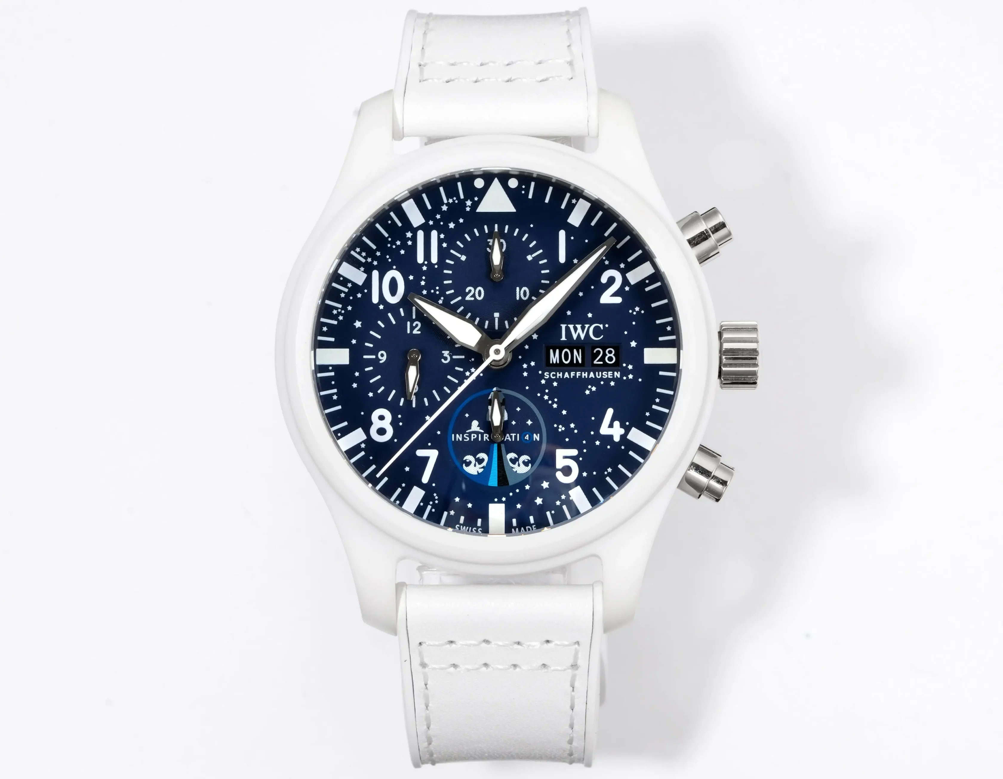 IWC White Ceramic Pilot Chronograph Blue Dial White Strap Ultimate 44MM