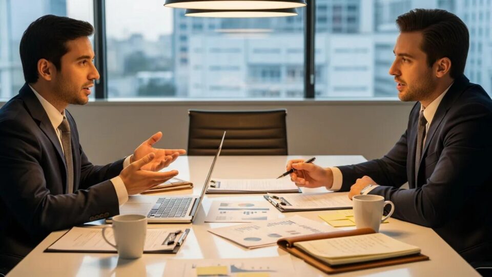 Business meeting between a supplier and a quality control expert discussing product quality and compliance