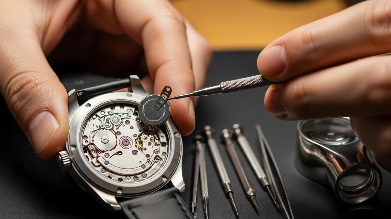 Servicing & Care for Replica Watches 2 Close-up of hands replacing a battery in a replica watch with tools visible