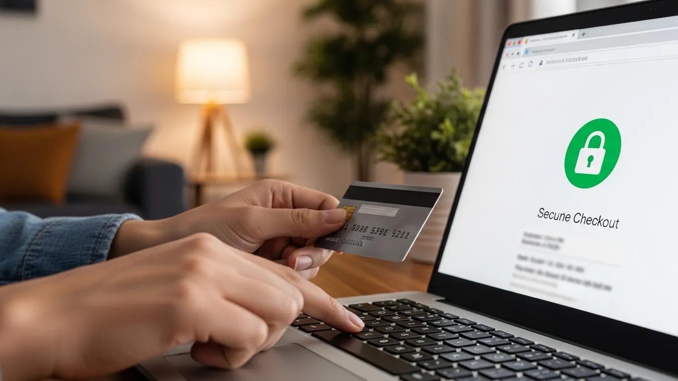 Close-up of secure online shopping with a credit card, emphasizing safety protocols