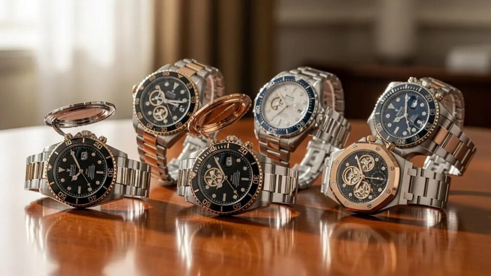 Collection of luxury replica watches displayed elegantly, showcasing craftsmanship and detail