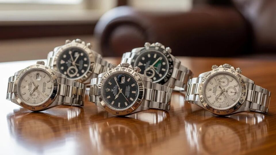 Collection of replica Rolex watches displayed on a wooden table, showcasing craftsmanship and design