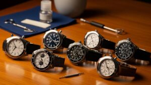 Collection of replica watches on a wooden table with cleaning tools, highlighting watch care and maintenance
