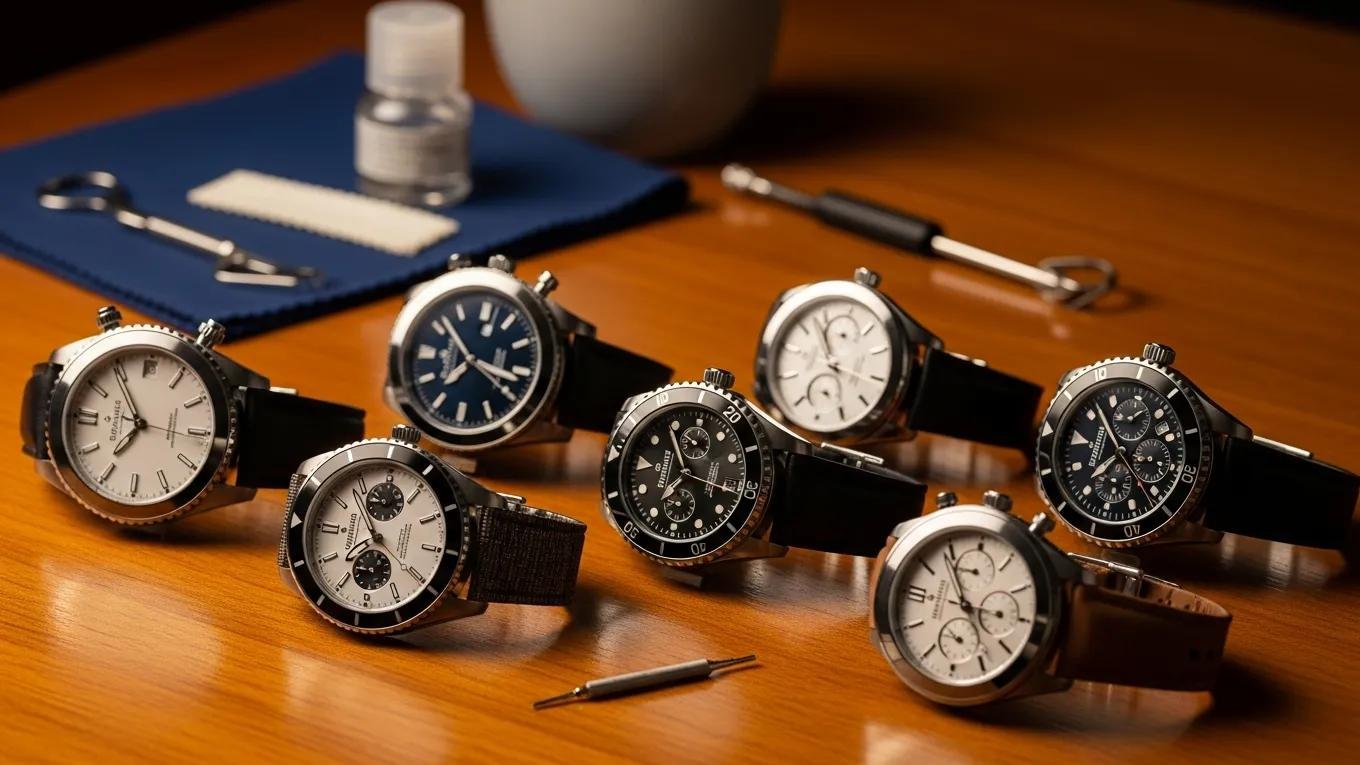 New Home 38 Collection of replica watches on a wooden table with cleaning tools, highlighting watch care and maintenance