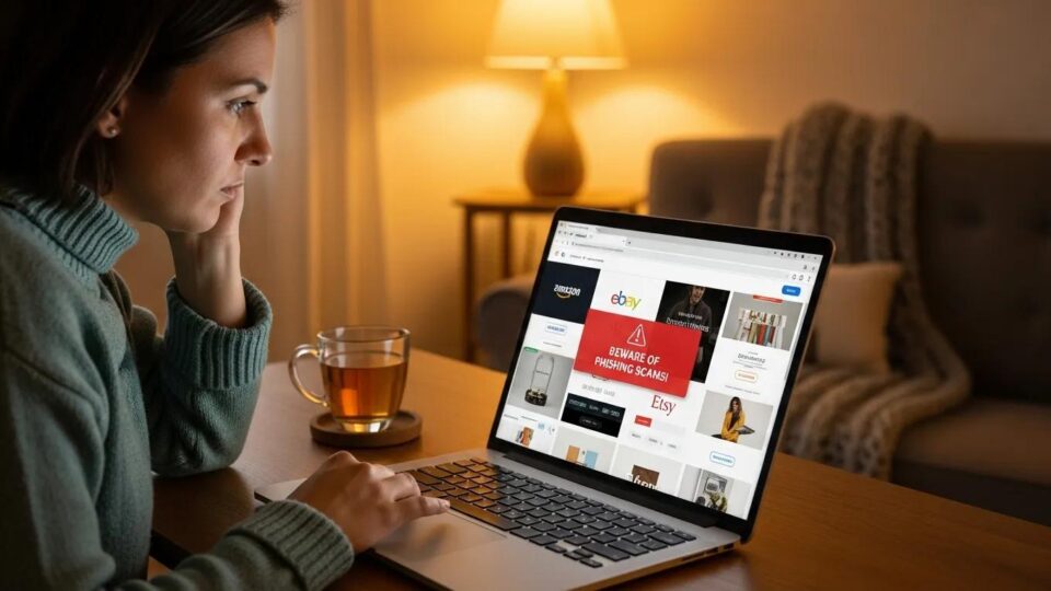 Concerned shopper analyzing online marketplaces for potential scams
