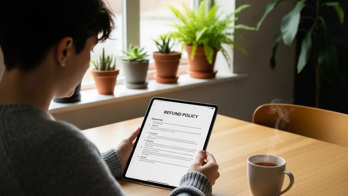 Ordering Questions, Payments and Changes 2 Customer reviewing refund policies on a tablet at home