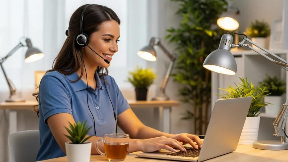 Customer support representative assisting clients in a cozy office setting