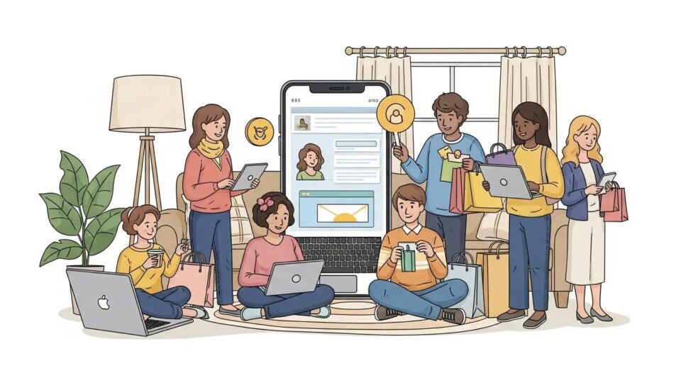 Diverse online shoppers confidently engaging with e-commerce platforms, showcasing trust signals