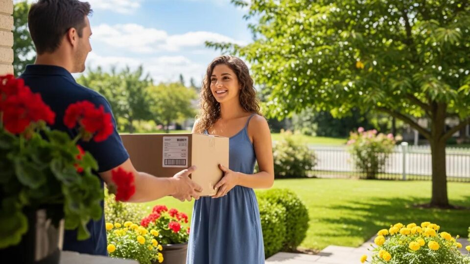 Happy customer receiving a package at home, illustrating positive shipping experience