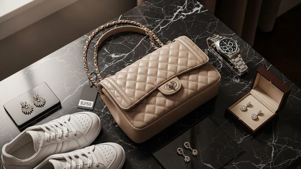 High-quality replica items displayed elegantly, emphasizing luxury and affordability