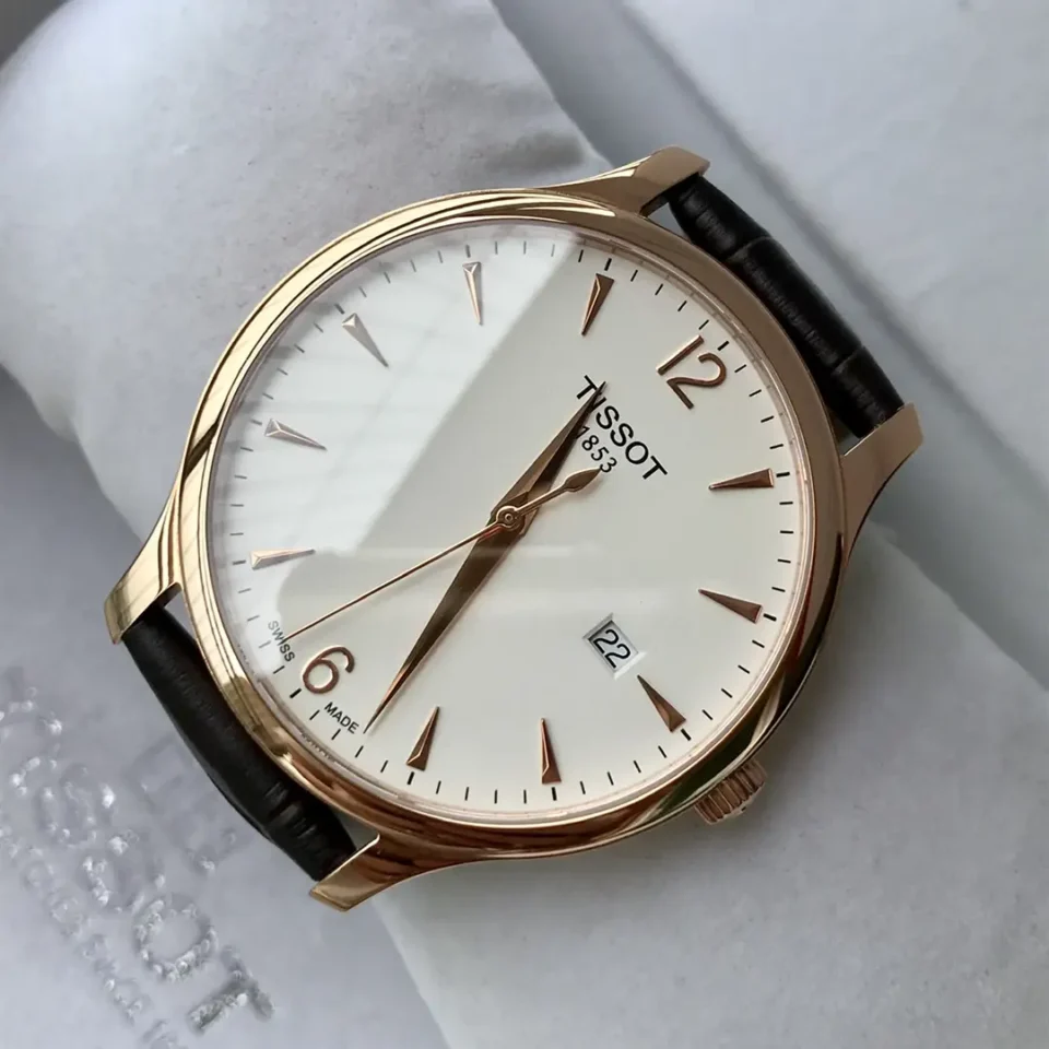 Tissot Rose Gold Leather Strap Watch White Dial Business Ultimate 42MM T063