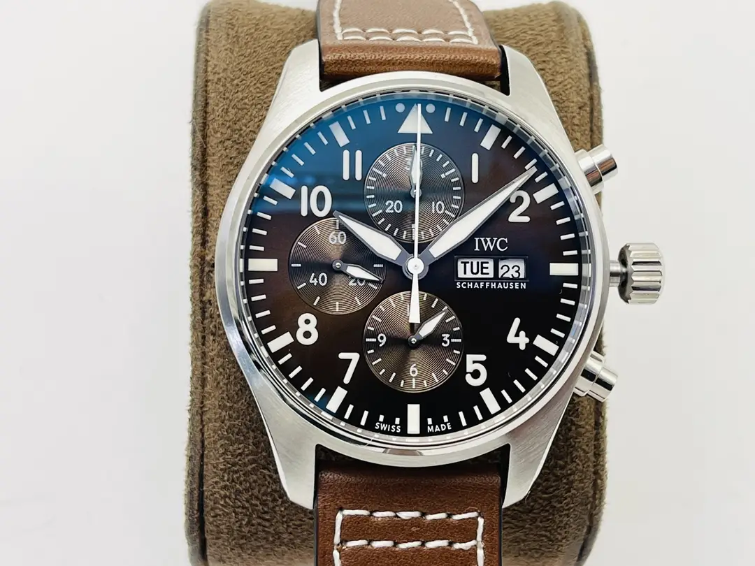 IWC Brown Strap Pilot Chronograph Black Blue Dial Ultimate 43MM