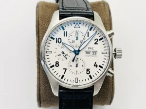 IWC White Pilot Chronograph Blue Hands Leather Strap Ultimate 43MM