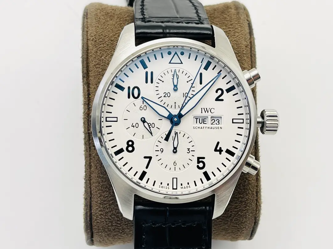 IWC White Pilot Chronograph Blue Hands Leather Strap Ultimate 43MM
