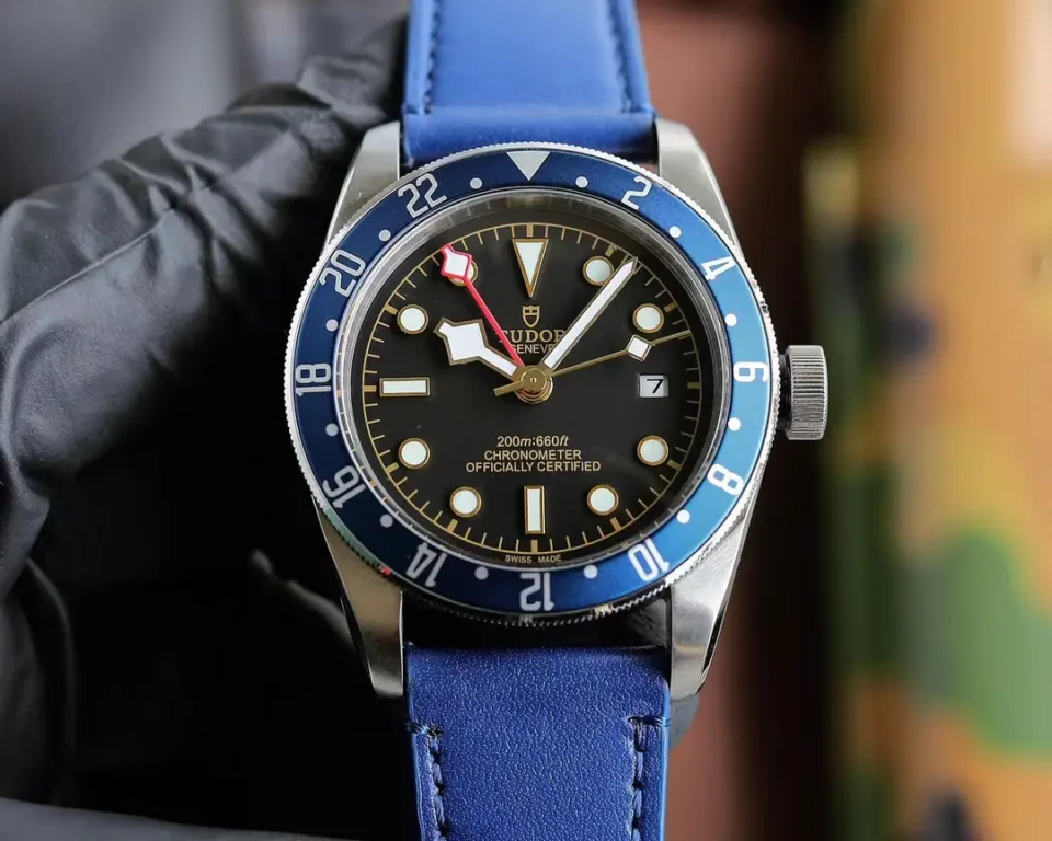 Tudor Blue GMT Watch Black Dial Blue Leather Strap Ultimate 42MM