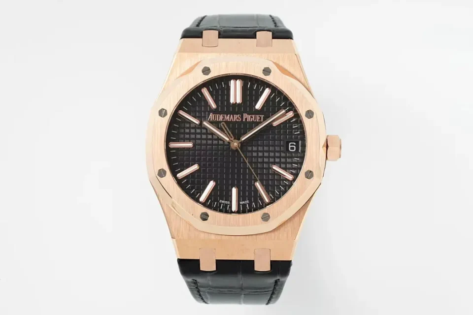 Audemars Piguet Royal Oak Rose Gold Watch Black Dial Leather Strap Ultimate 41MM 15510