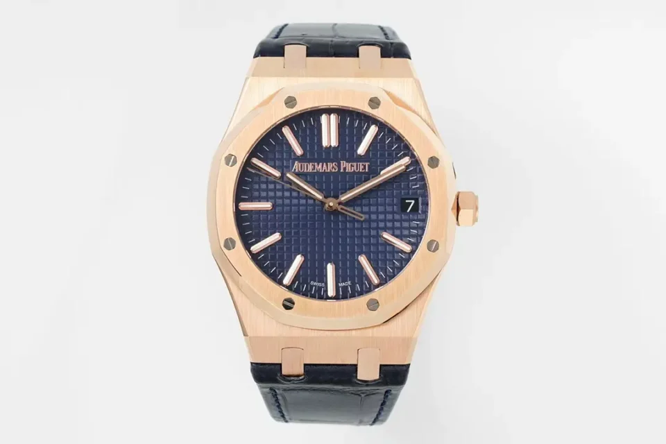 Audemars Piguet Royal Oak Rose Gold Blue Watch Leather Strap Ultimate 41MM 15510