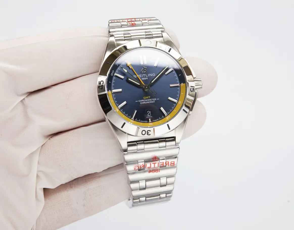 Breitling Chronomat GMT Blue Yellow Replica 40MM blue dial yellow accent steel Rouleaux bracelet A32398101C1A1 watch