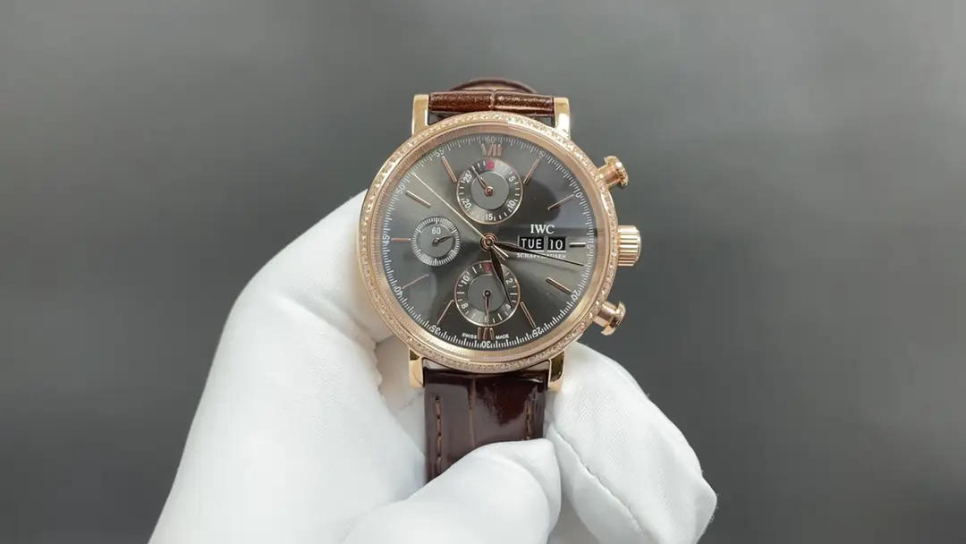 IWC Wave Chronograph Watch Grey Dial Rose Gold Leather Strap Ultimate 42MM