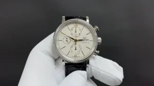IWC White Chronograph Watch Diamond Bezel Black Leather Strap Ultimate 42MM
