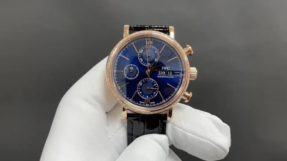 IWC Blue Chronograph Watch Rose Gold Leather Strap Ultimate 42MM