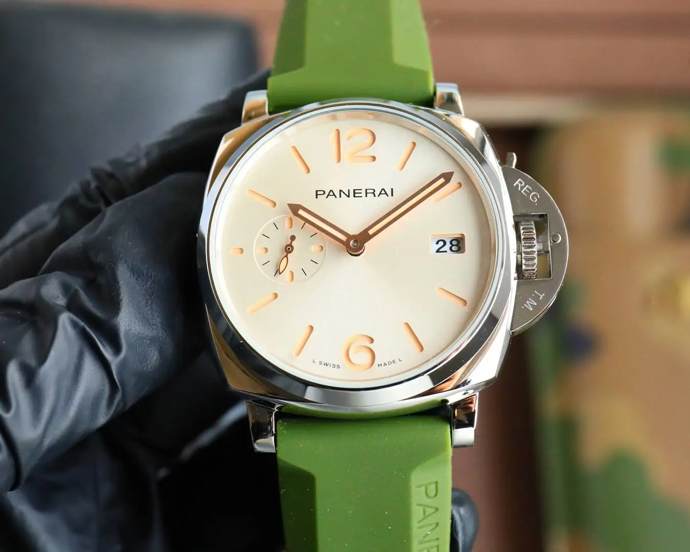Panerai Luminor Due Green Strap Watch White Dial Ultimate 42MM