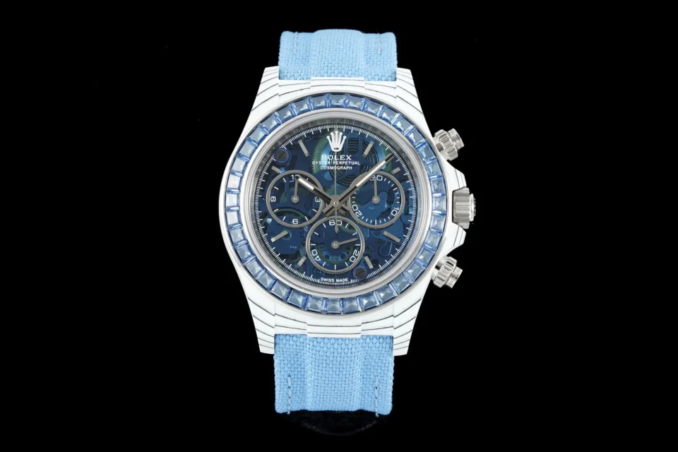 Carbon Fiber Daytona Blue Skeleton Watch Blue Bezel Strap Ultimate 40MM