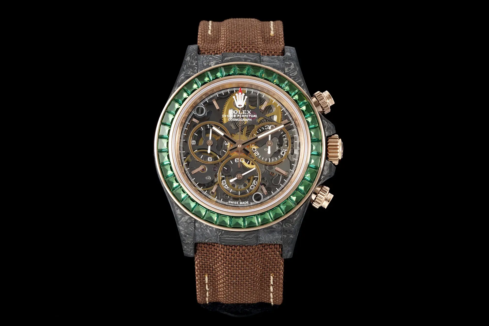 Carbon Fiber Daytona Skeleton Watch Green Bezel Brown Strap Ultimate 40MM