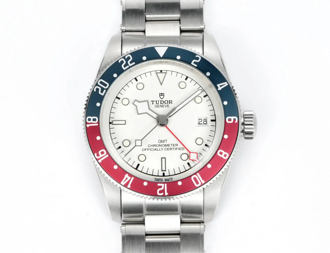 Tudor GMT Watch Black Bay Pepsi Bezel White Dial Steel Bracelet Premium 41MM TUD-R28-PEPSI-WHT-41