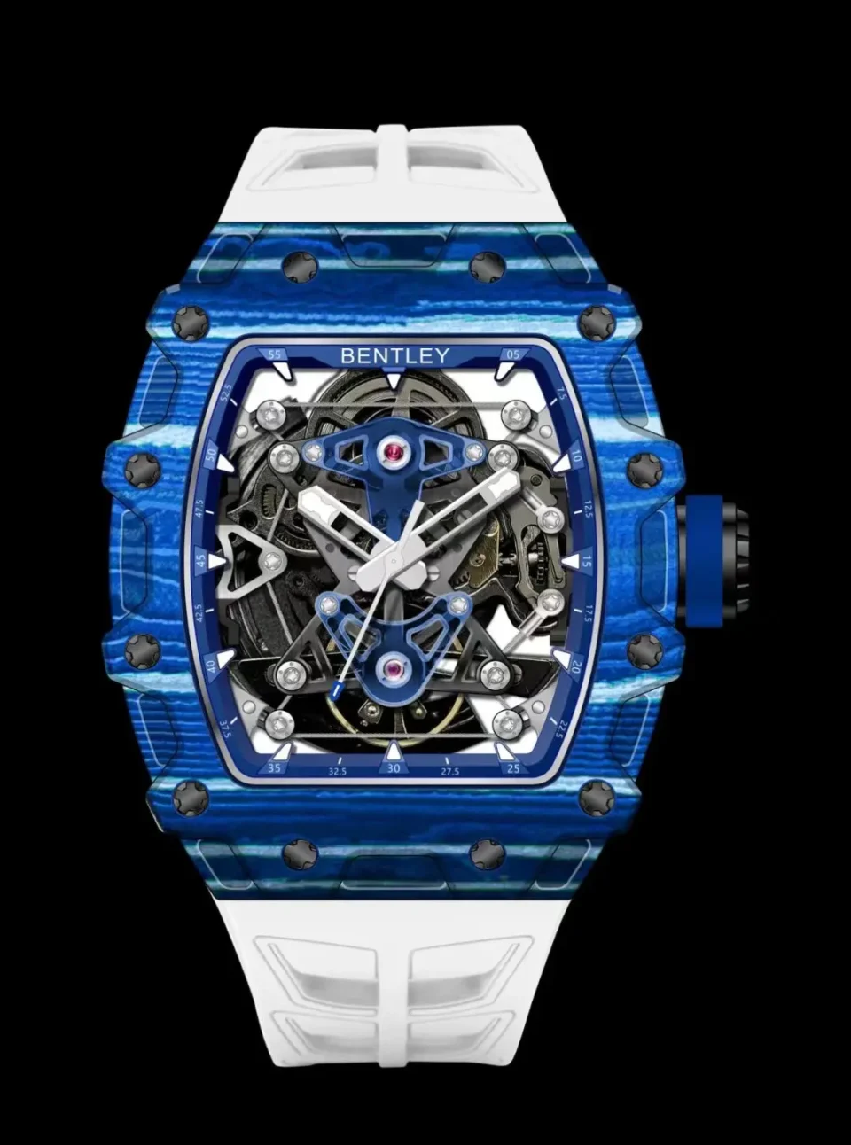 Super Clone Bentley Skeleton Watch Blue Carbon Rubber Strap Premium 50MM