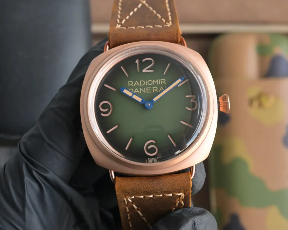 Panerai Radiomir Green Dial Watch Rose Gold Leather Strap Ultimate 44MM