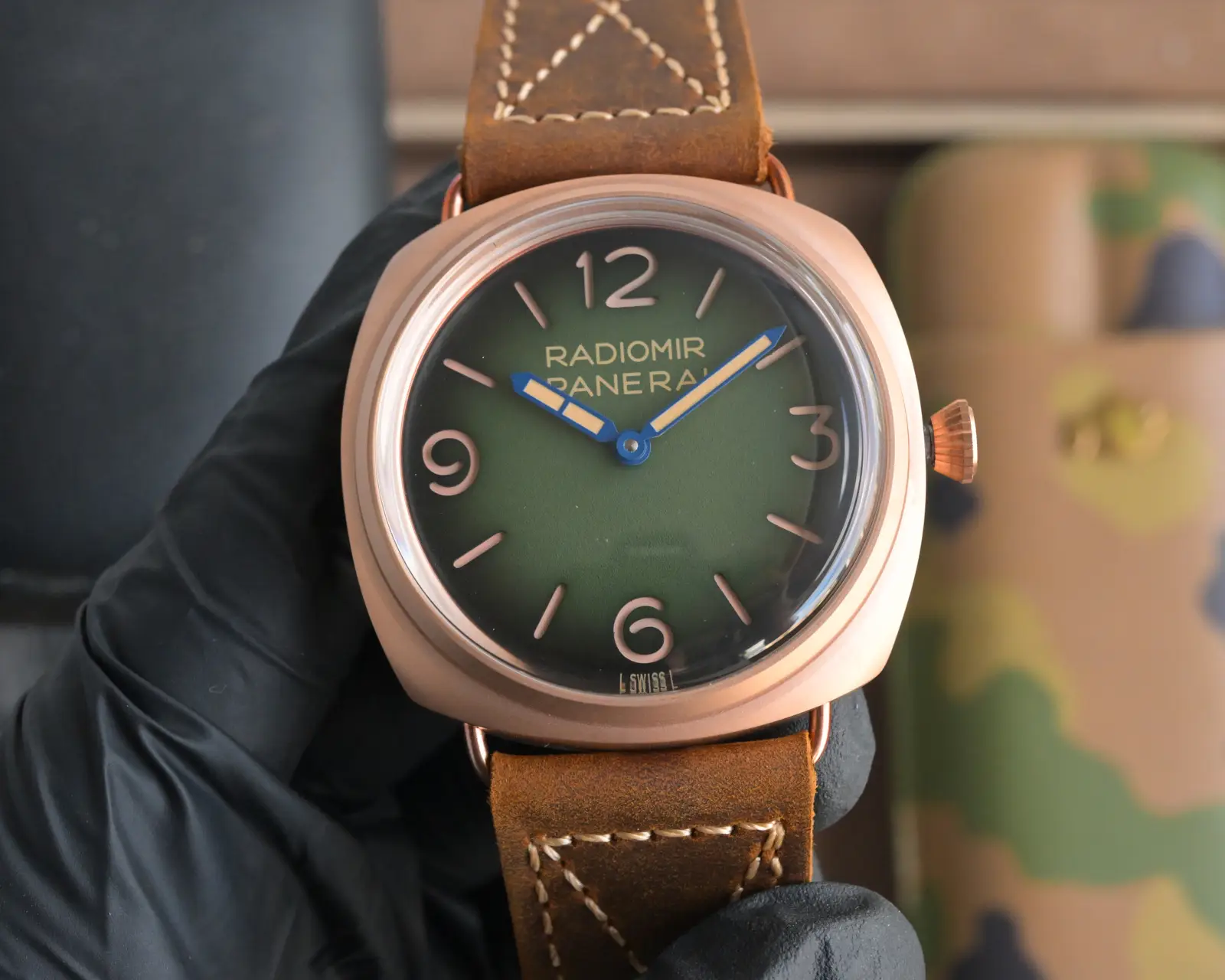 Panerai Radiomir Green Dial Watch Rose Gold Leather Strap Ultimate 44MM