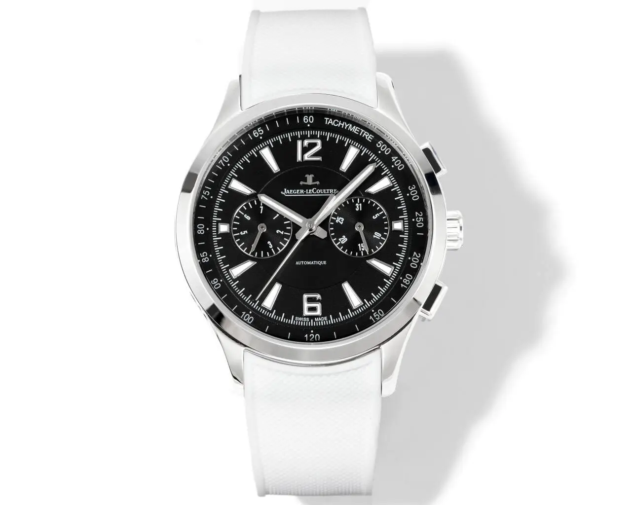Jaeger LeCoultre Black Chronograph Watch White Rubber Strap Ultimate 42MM