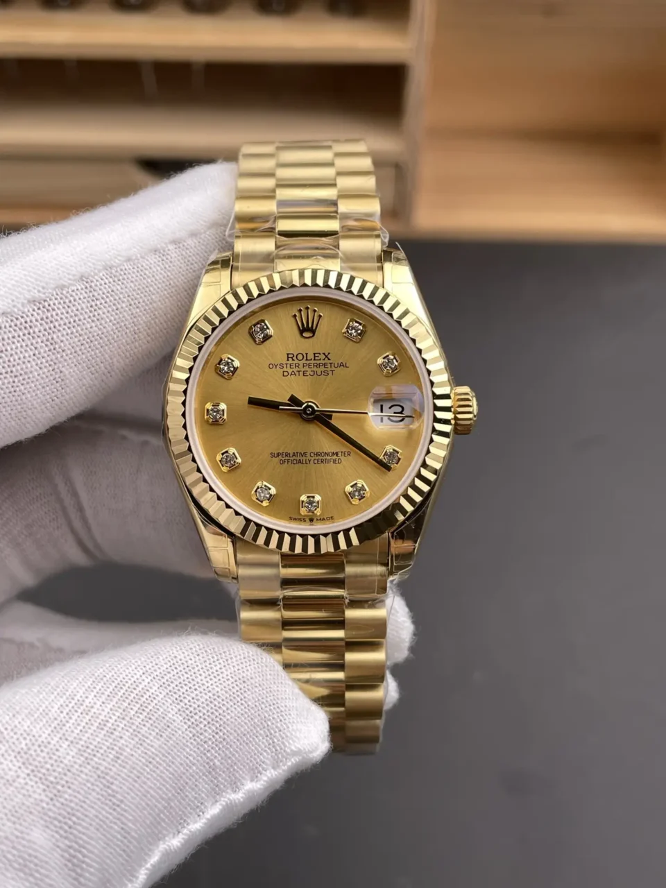 Rolex Datejust 31mm Full Gold Diamond Carved Dial Automatic Watch RLX-DJ-31-FG-DIA-CARVE-2236
