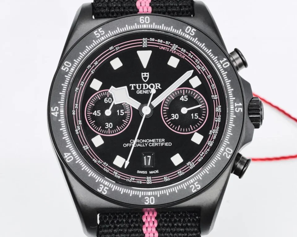 Tudor FXD Chronograph Black Dial Pink Stripe Fabric Strap Premium 43MM