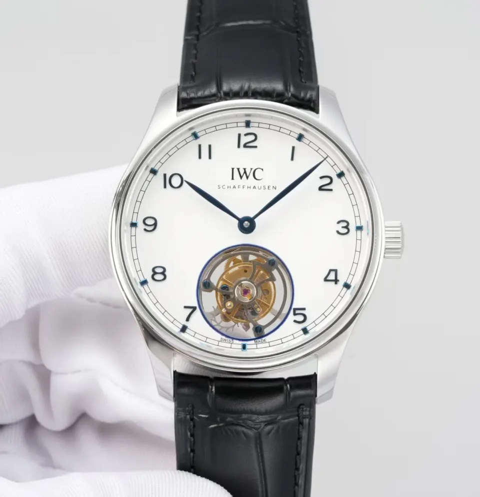 IWC Silver Tourbillon Watch White Dial Black Leather Strap Ultimate 42MM