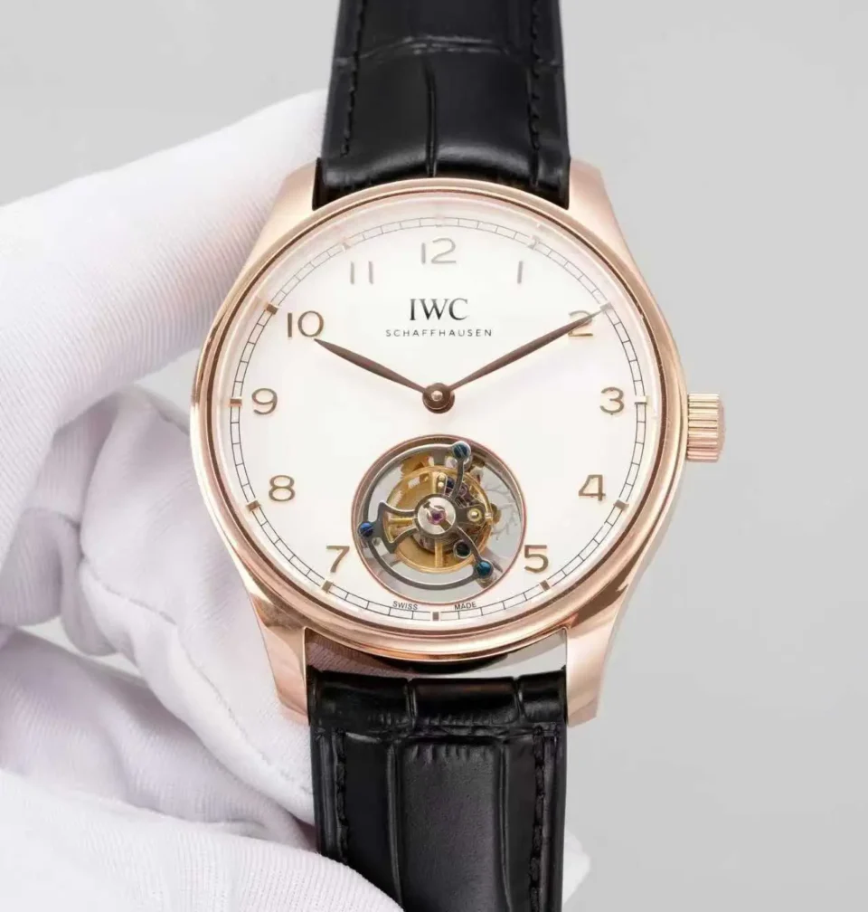 IWC Rose Gold Tourbillon Watch White Dial Black Leather Strap Ultimate 42MM