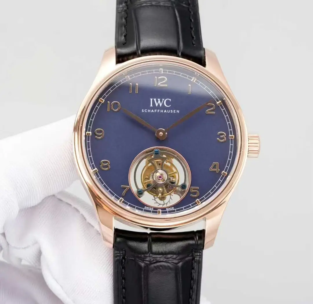 IWC Blue Tourbillon Watch Rose Gold Black Leather Strap Ultimate 42MM