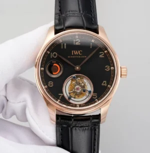 IWC Black Tourbillon Watch Rose Gold Black Leather Strap Ultimate 42MM