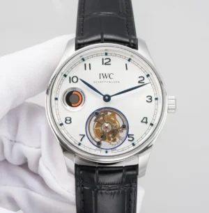 IWC White Tourbillon Watch Silver Case Black Leather Strap Ultimate 42MM