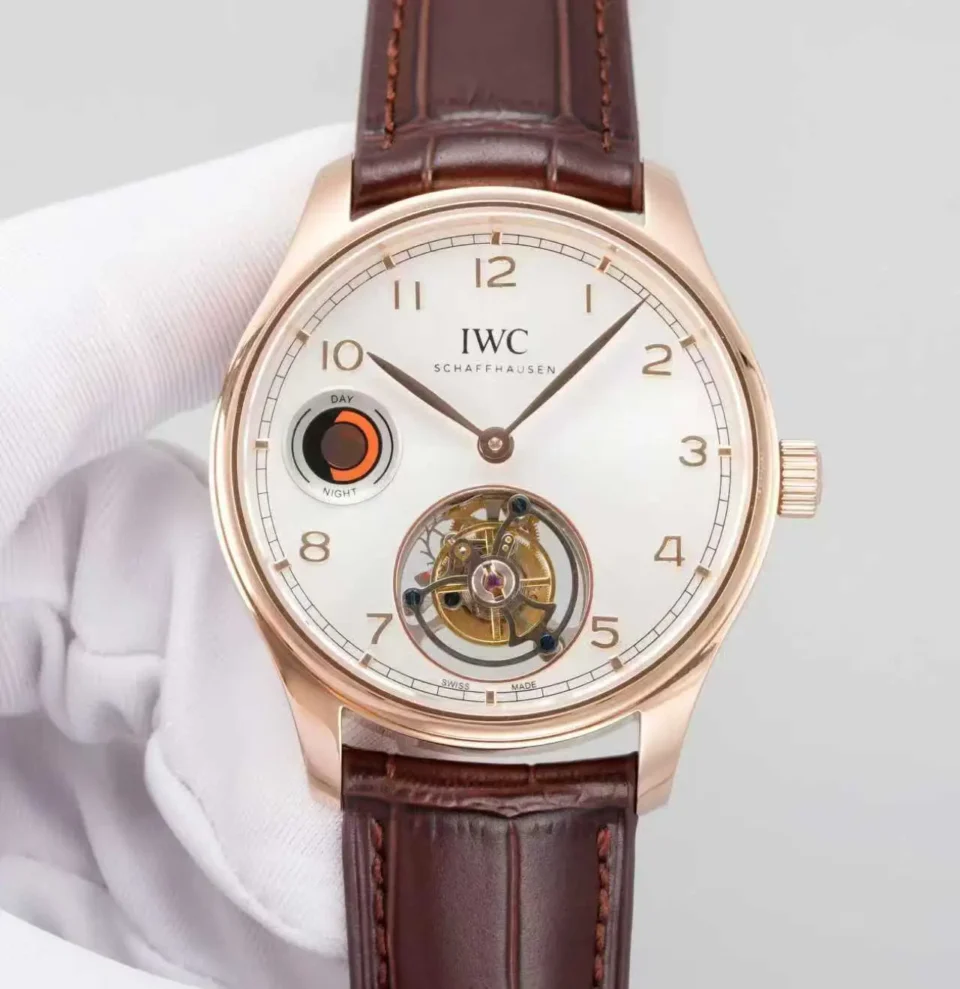 IWC Tourbillon Watch White Dial Rose Gold Leather Strap Ultimate 42MM
