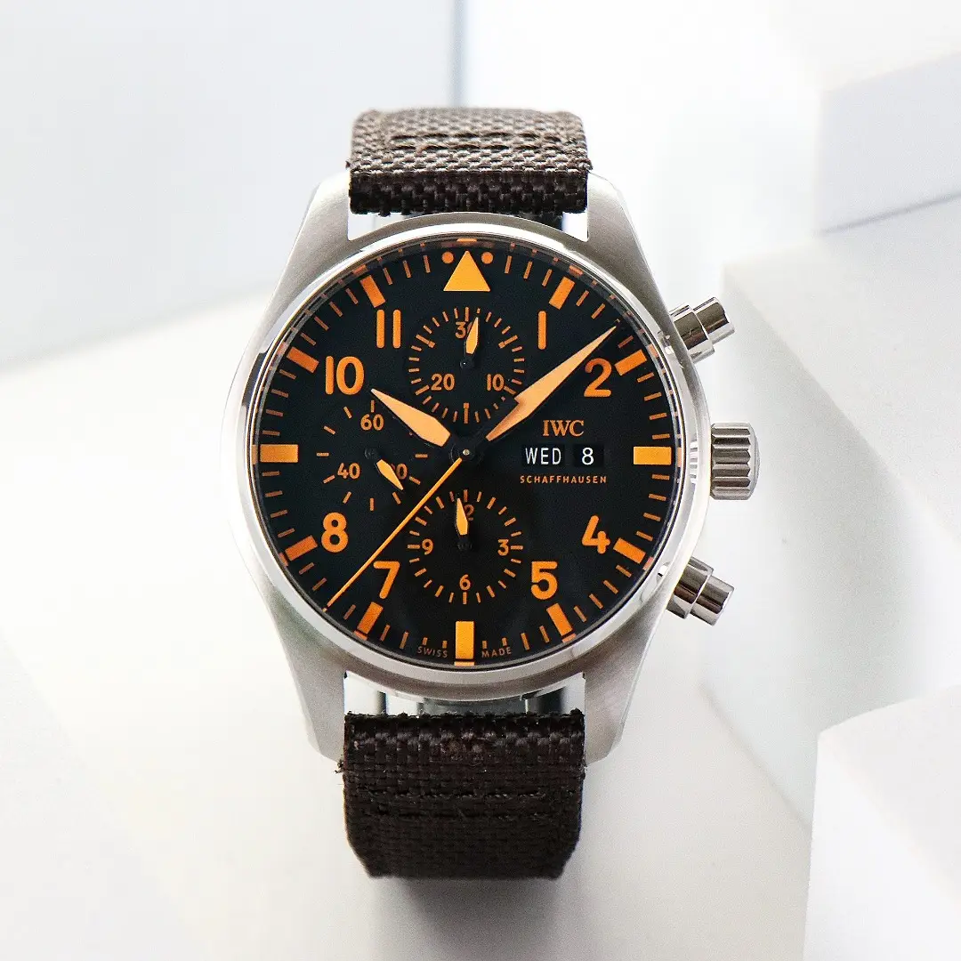 IWC Pilot Chronograph Watch Black Dial Orange Markers Fabric Strap Ultimate 43MM IW378003