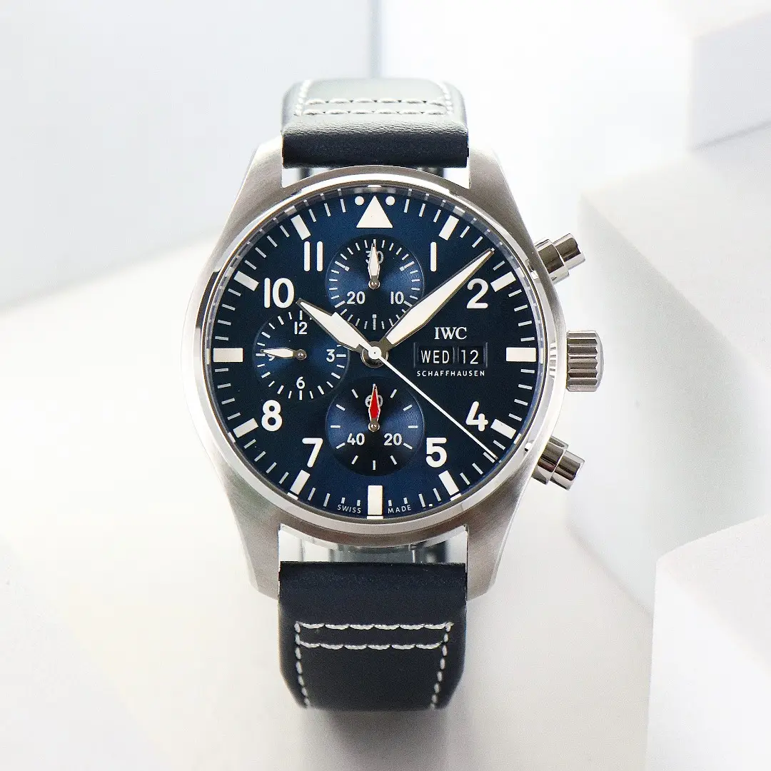 IWC Pilot Chronograph Watch Blue Dial Black Leather Strap Ultimate 43MM IW378003