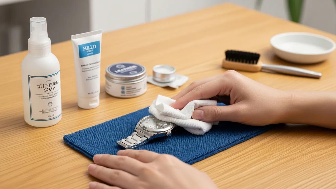 Servicing & Care for Replica Watches 1 Person cleaning a stainless steel replica watch with a microfiber cloth and cleaning products