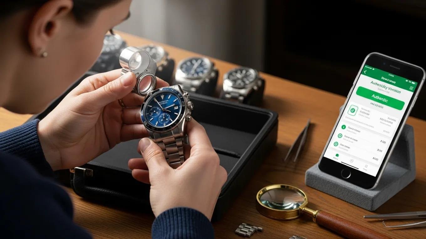 Person inspecting a replica watch for authenticity with tools and smartphone app