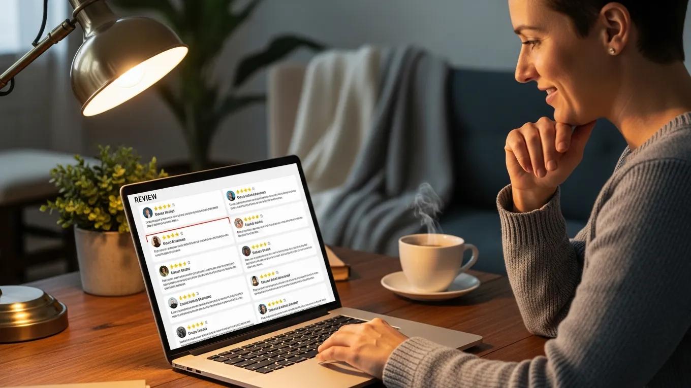 Customer Review Hub & Real QC Stories 1 Person reading detailed customer reviews on a laptop for replica products