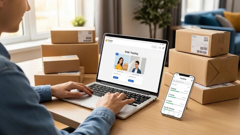 Person tracking online orders on a laptop with packages around