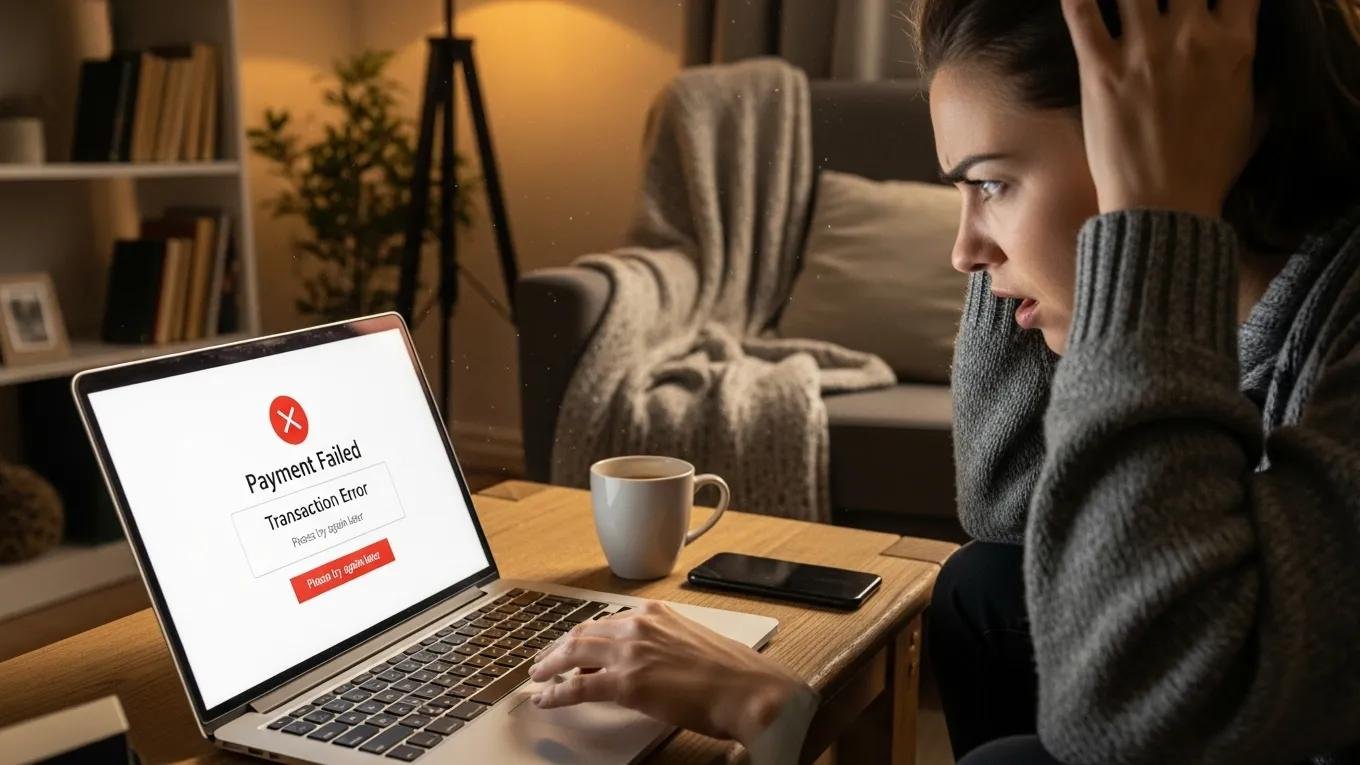 Ordering Questions, Payments and Changes 1 Person troubleshooting online payment issues at home