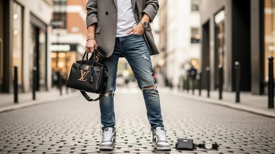 Stylish individual showcasing high-quality replica sneakers and luxury fashion items in an urban setting